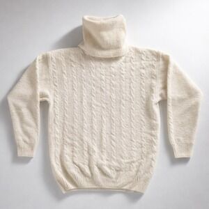 Vintage Angora Lambswool Cable Knit Turtleneck Sweater Ivory Minimalist Preppy-M
